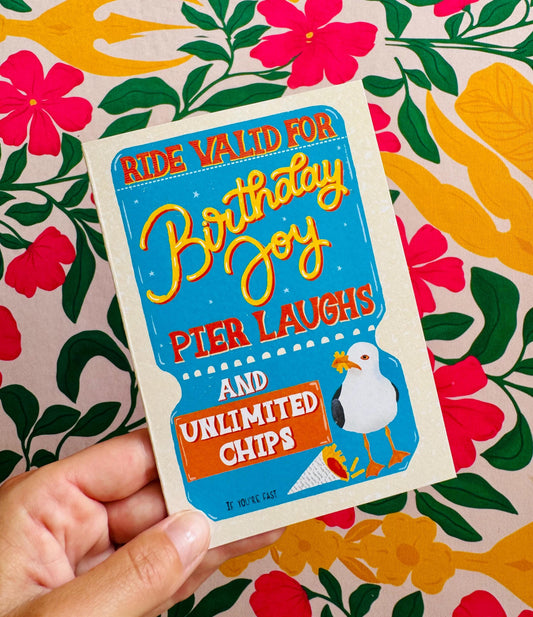 Handmade Vintage Ticket Birthday Card – Unique Greeting Gift Brighton Seagull & Chips Illustration