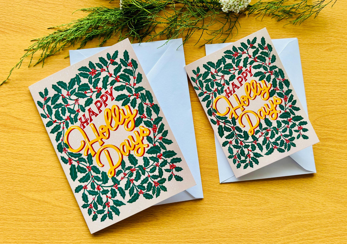 Happy Holly Days Christmas Card – Hand-Lettered Holly Leaves Festive Pun Xmas Gift