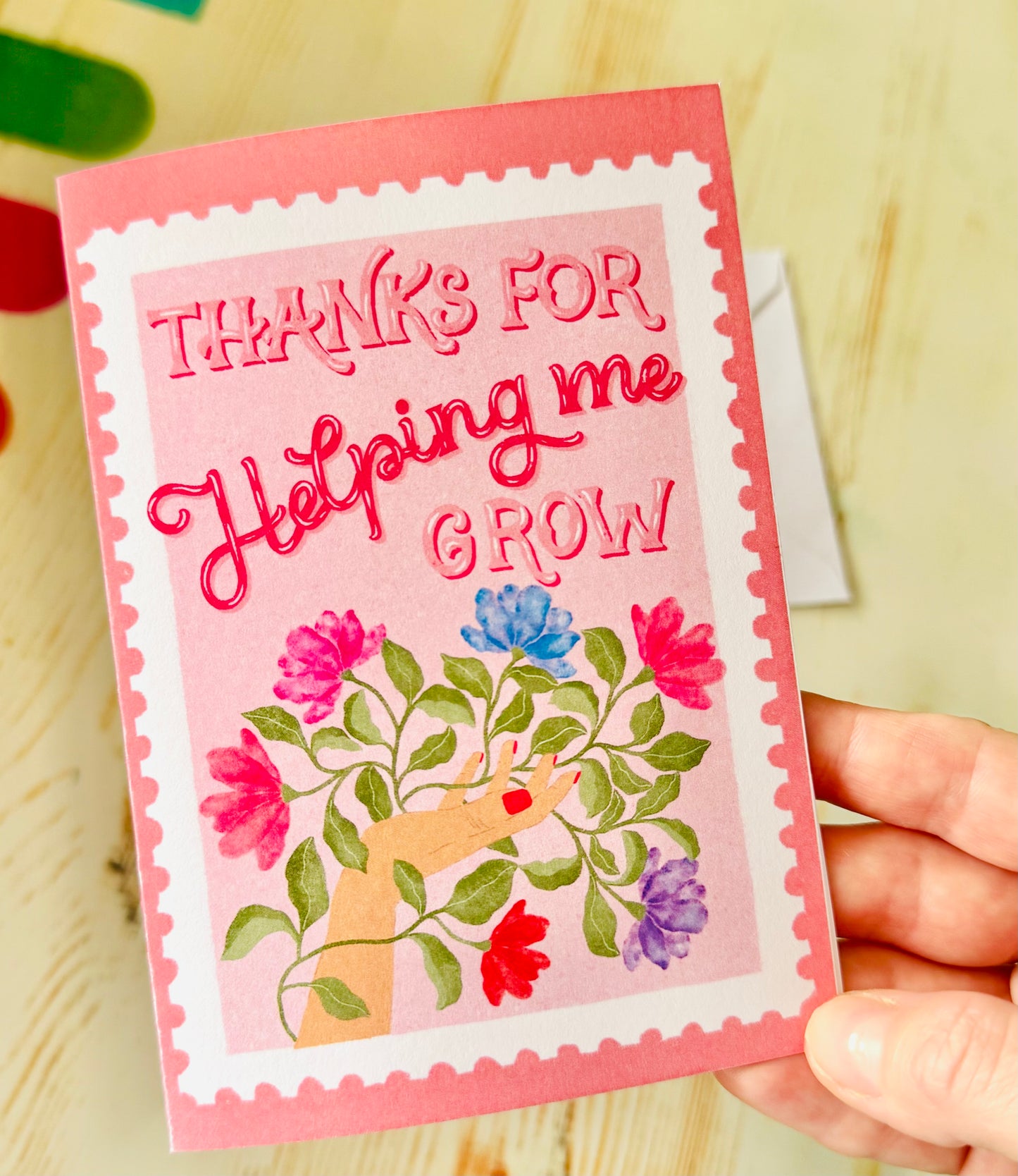 Mother’s Day Card – Thanks for Helping Me Grow | Floral Hand Illustration | Pink Stamp Style Greeting