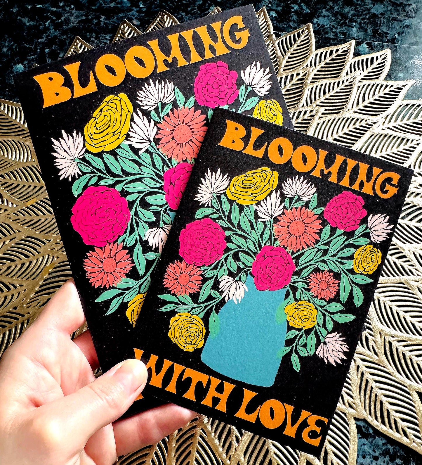 Handmade Blooming With Love Floral Card - Romantic Valentine Greeting Gift with Flowers Illustration for Wife & Husband