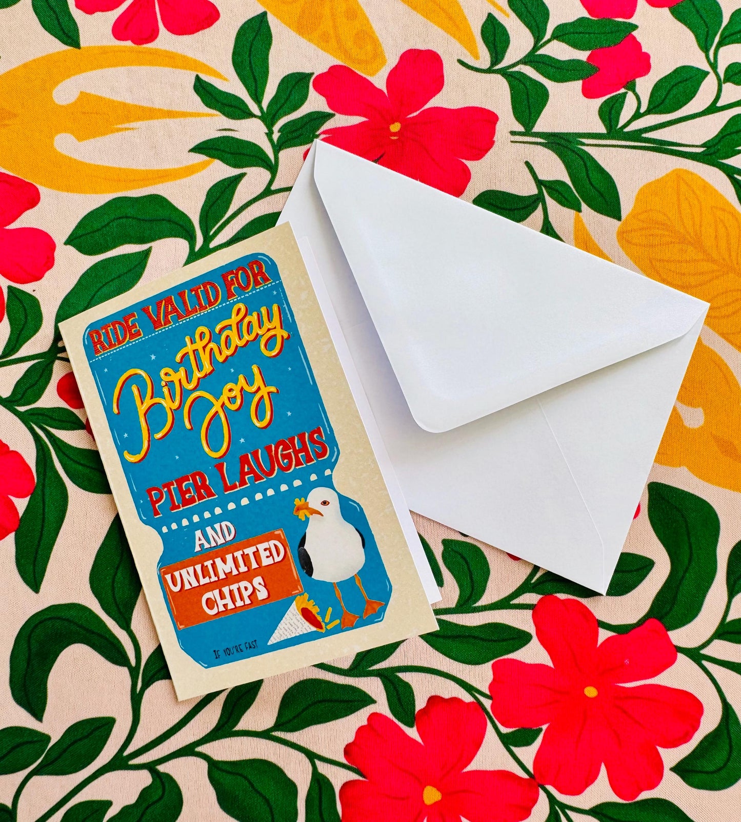 Handmade Vintage Ticket Birthday Card – Unique Greeting Gift Brighton Seagull & Chips Illustration