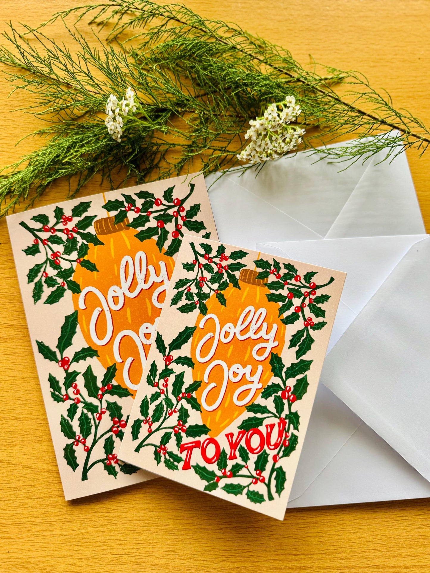 Jolly Joy To You Christmas Card – Ornament & Holly Design, Blank Inside with Envelope