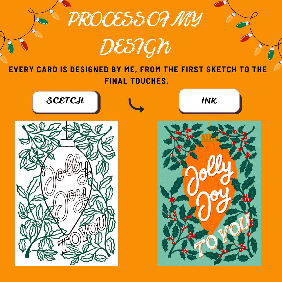Jolly Joy To You Christmas Card – Ornament & Holly Design, Blank Inside with Envelope