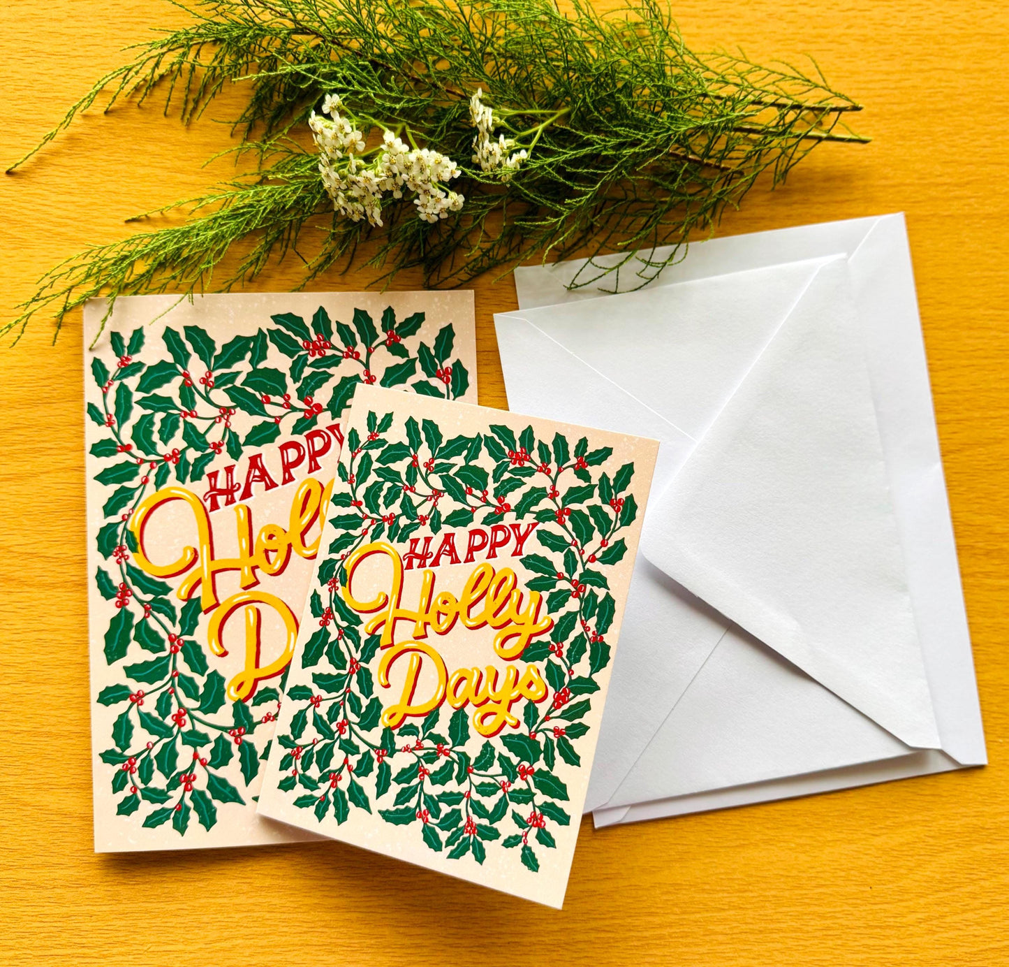 Happy Holly Days Christmas Card – Hand-Lettered Holly Leaves Festive Pun Xmas Gift
