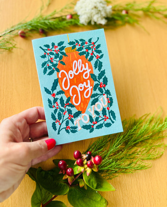 Jolly Joy To You Christmas Card – Ornament & Holly Design, Blank Inside with Envelope