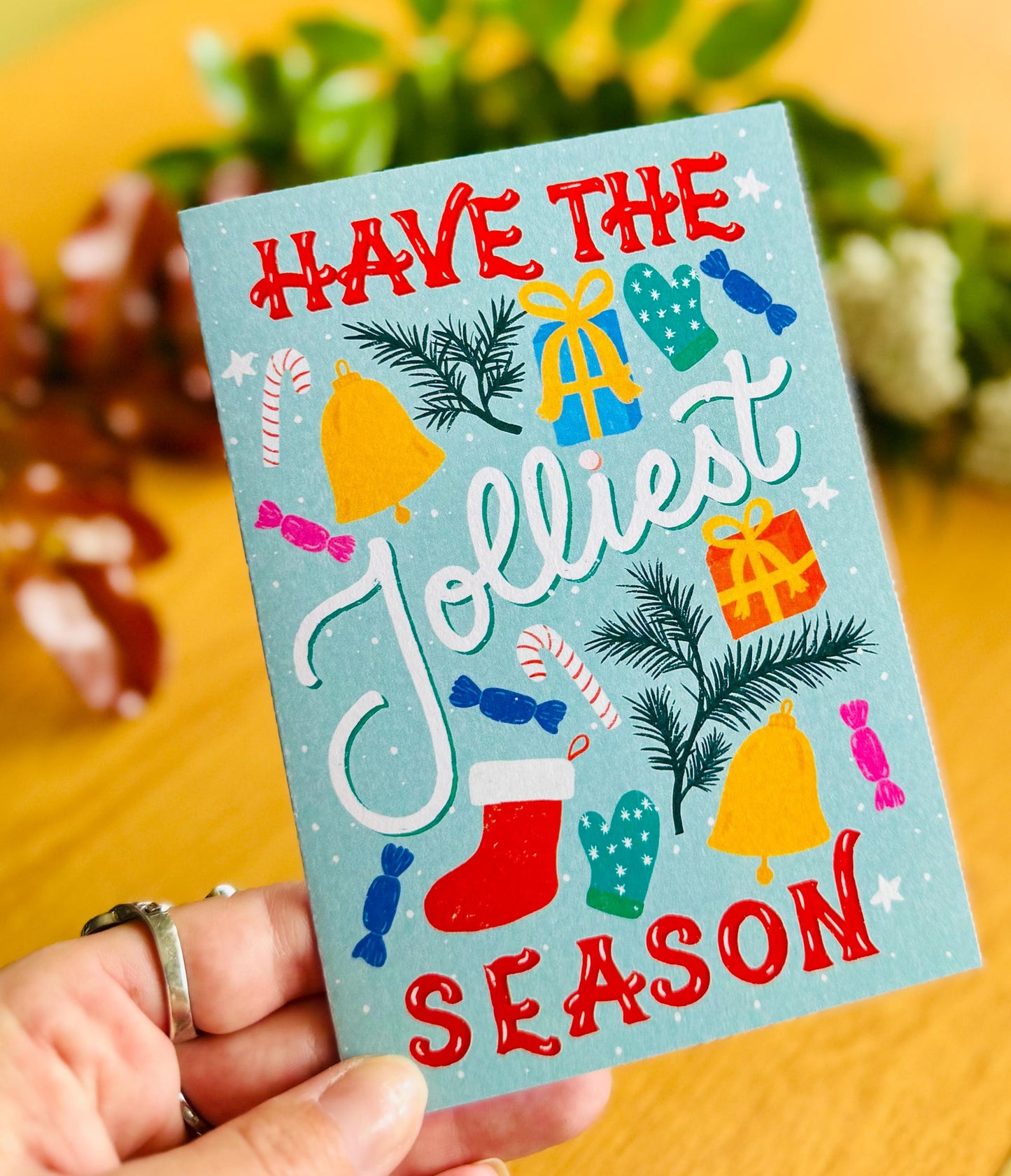 Jolliest Season Christmas Card – Hand-Lettered Festive Greeting (Mint or Blush)