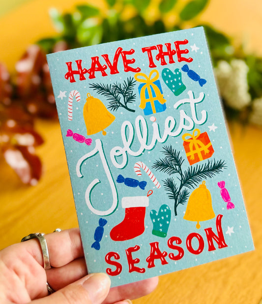Jolliest Season Christmas Card – Hand-Lettered Festive Greeting (Mint or Blush)