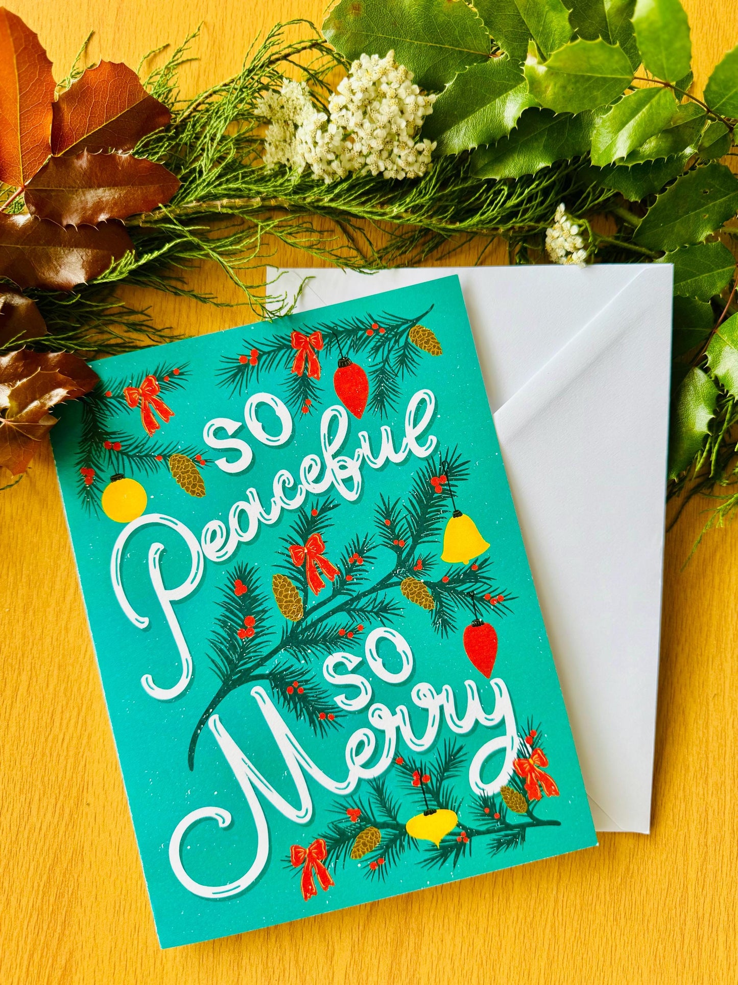‘So Peaceful So Merry’ Christmas Card – Festive Lights Illustration Cute Christmas Greeting Gift