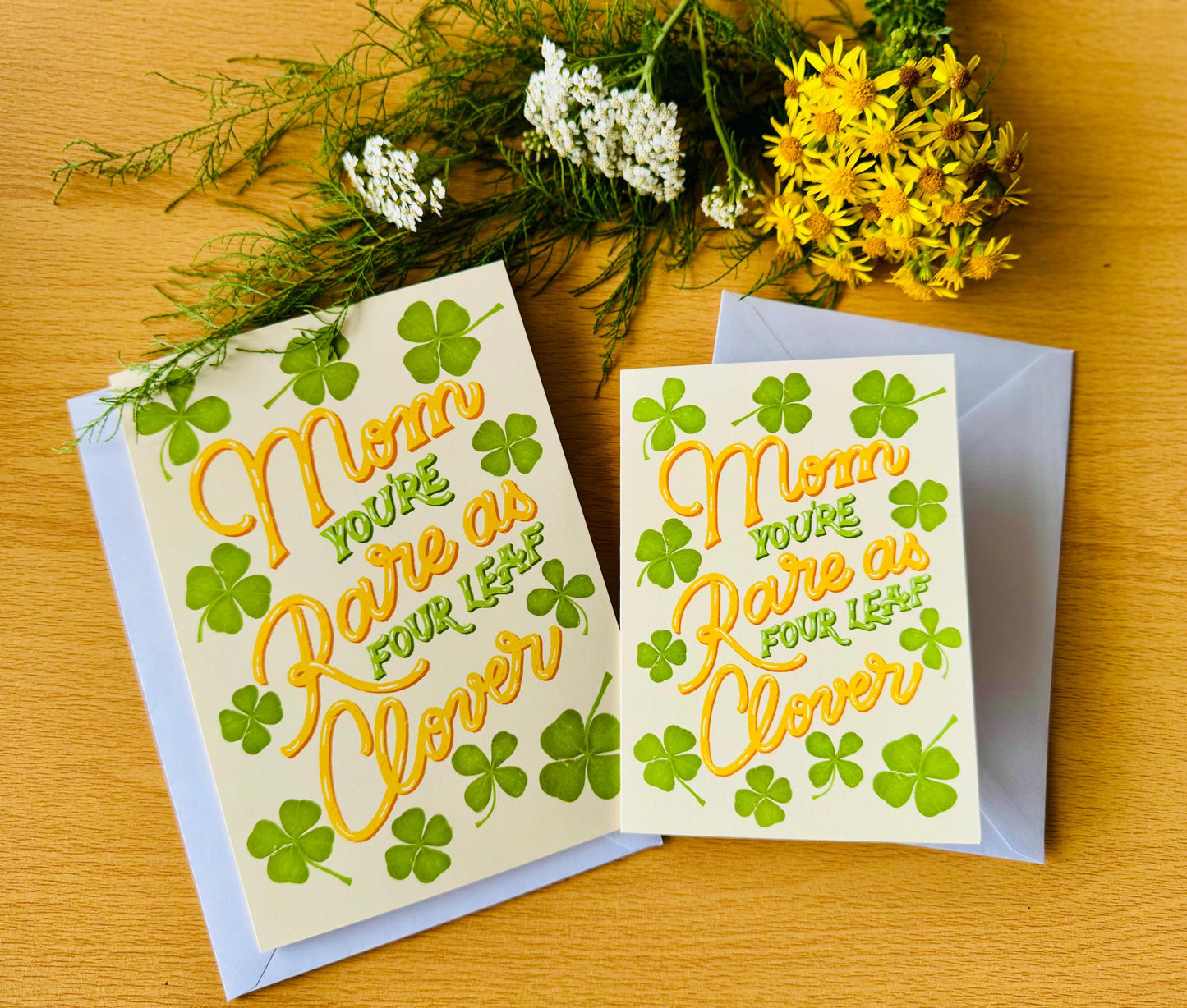 Mom You’re Rare as a Four Leaf Clover Greeting Card – Handmade Floral Illustration Perfect for Mother’s Day Mum Birthday