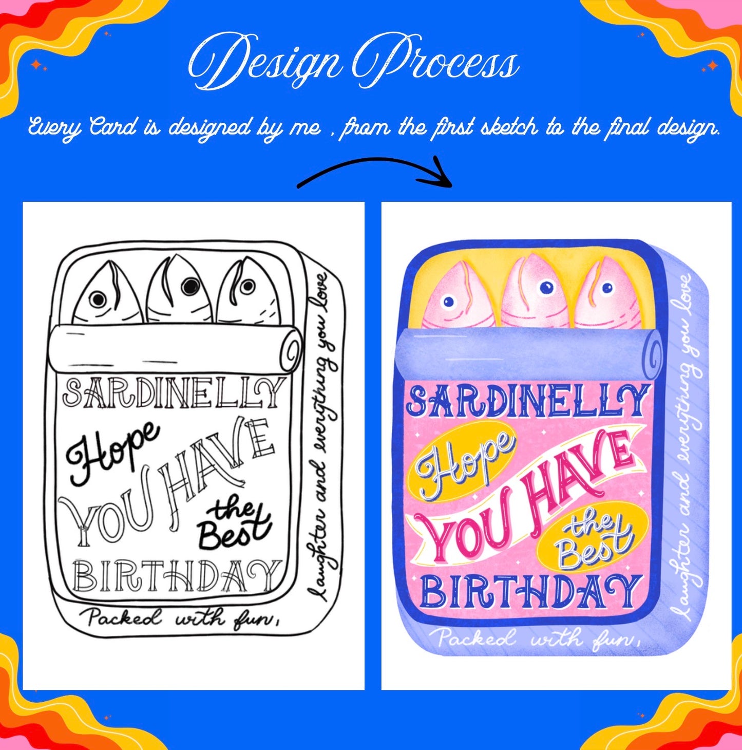 Sardine Tin-Shaped Birthday Card – Whimsical Hand-Drawn Illustration | Blue Tin with 3 Sardines | By Romy Honc