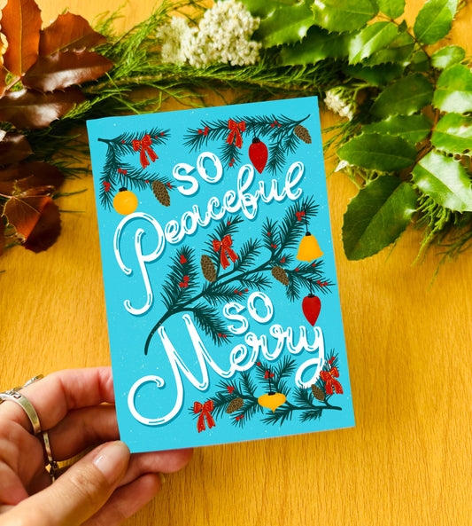 ‘So Peaceful So Merry’ Christmas Card – Festive Lights Illustration Cute Christmas Greeting Gift