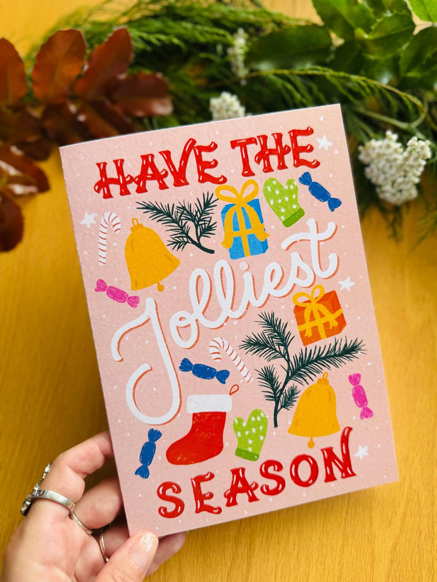 Jolliest Season Christmas Card – Hand-Lettered Festive Greeting (Mint or Blush)