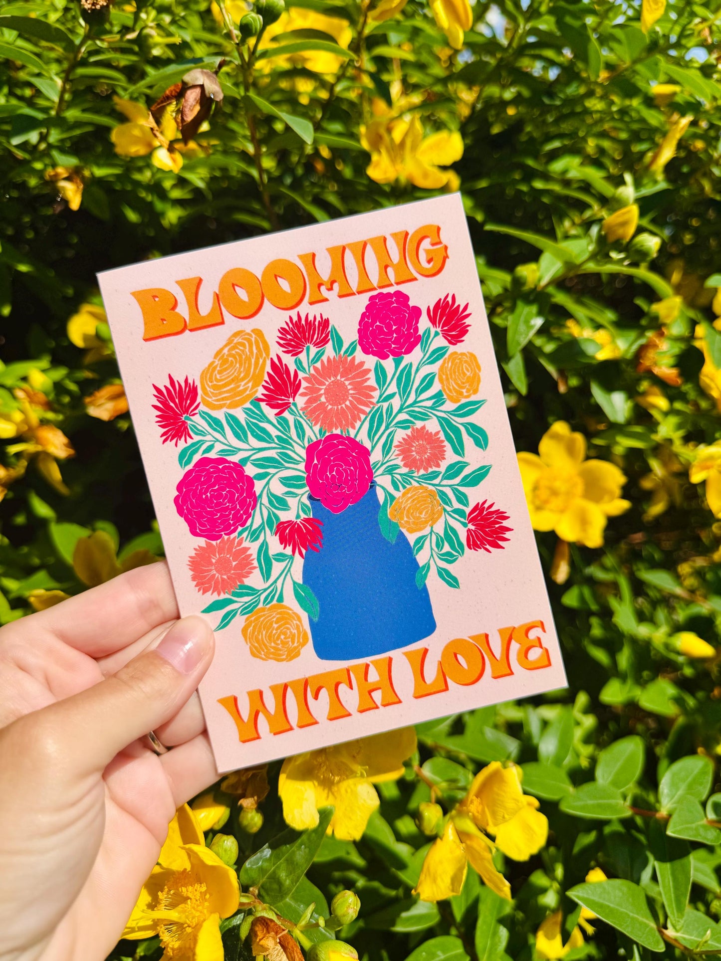 Handmade Blooming With Love Floral Card - Romantic Valentine Greeting Gift with Flowers Illustration for Wife & Husband