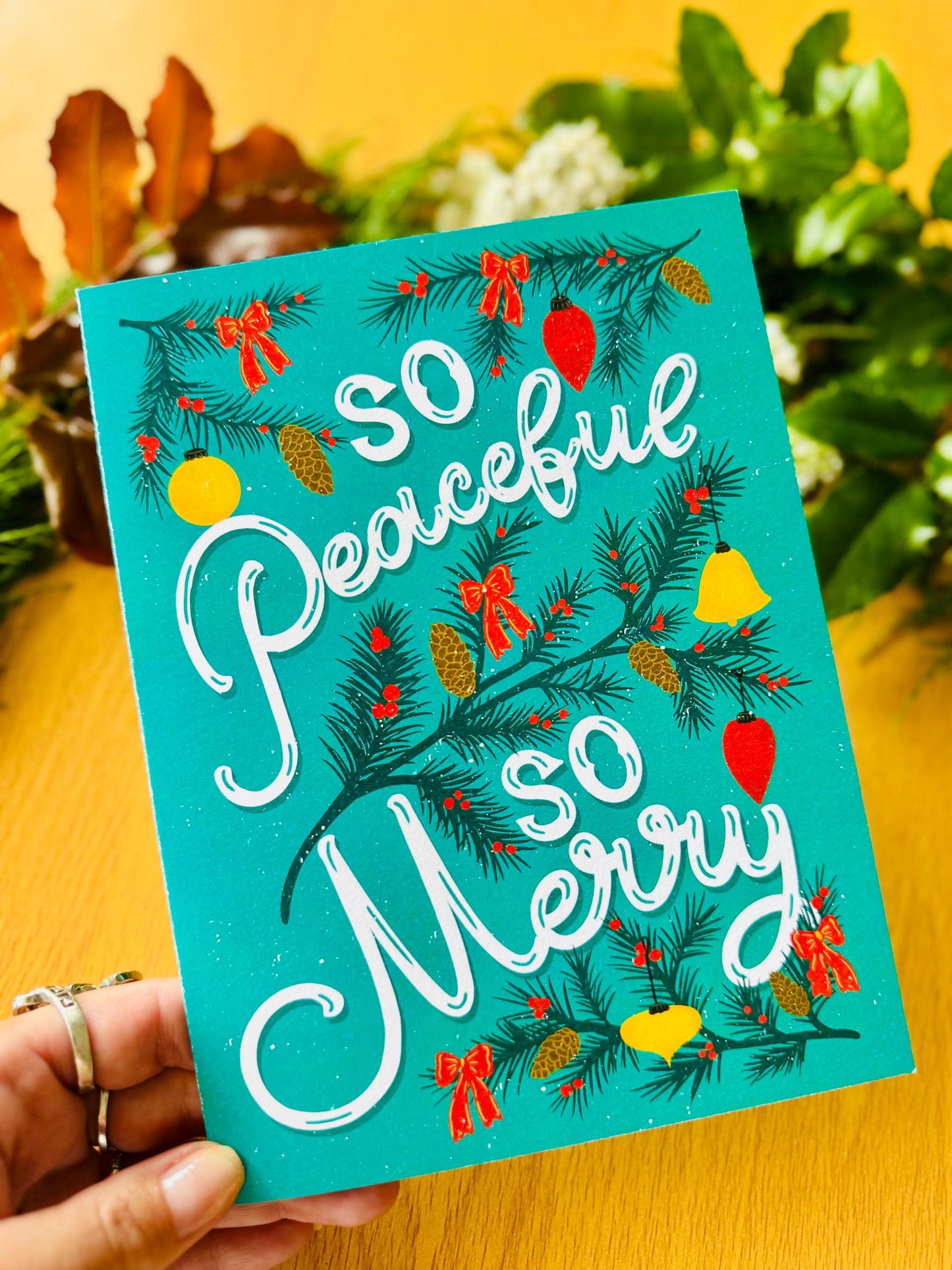 ‘So Peaceful So Merry’ Christmas Card – Festive Lights Illustration Cute Christmas Greeting Gift