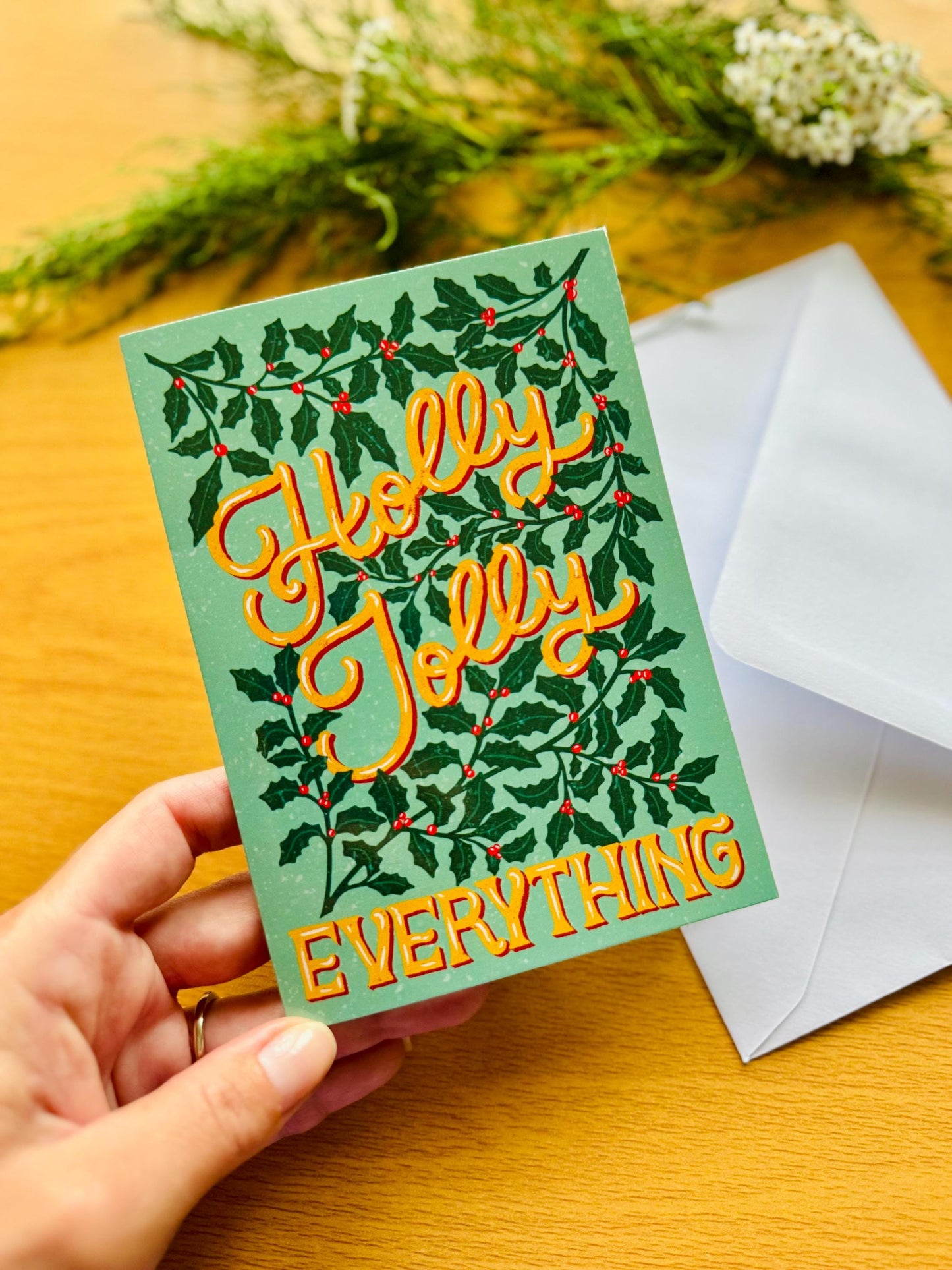 Holly Jolly Everything Christmas Card – Hand-Lettered Festive Holly Design, Blank Inside & Envelope