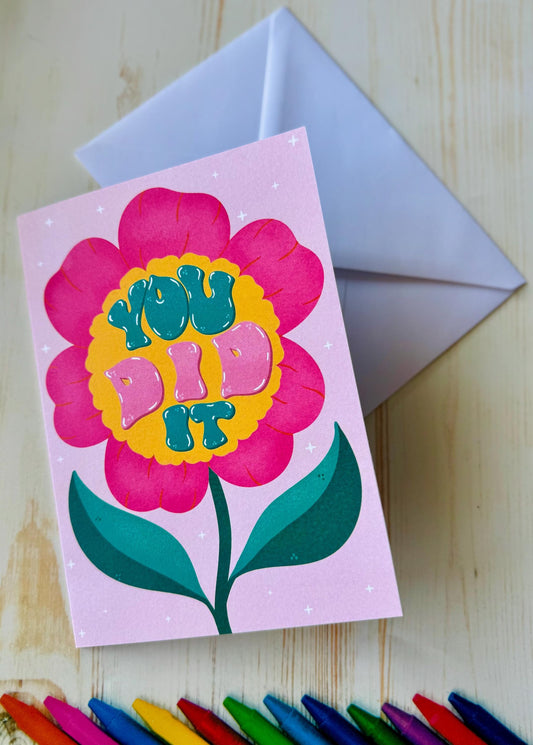Handmade You Did It Card – Handlettered Congrats Flower Congratulations Greeting Gift Card