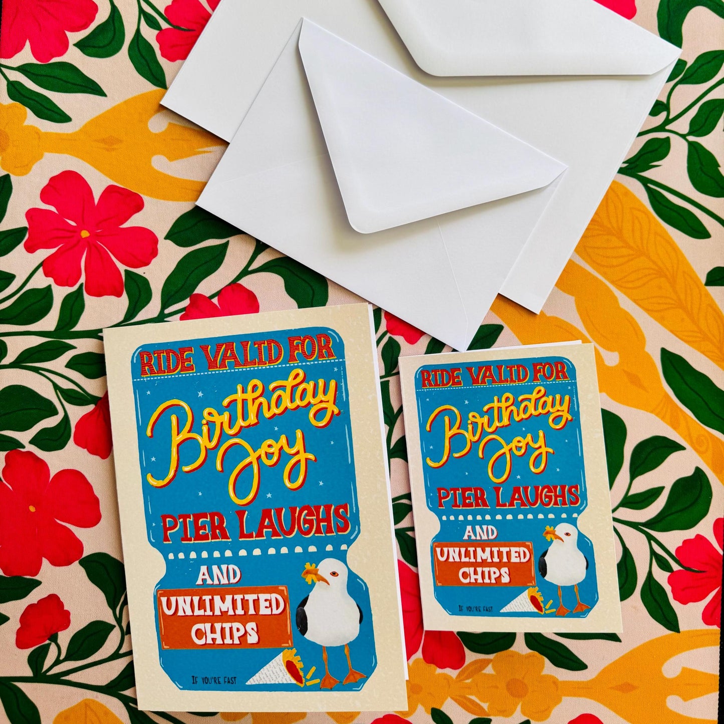 Handmade Vintage Ticket Birthday Card – Unique Greeting Gift Brighton Seagull & Chips Illustration