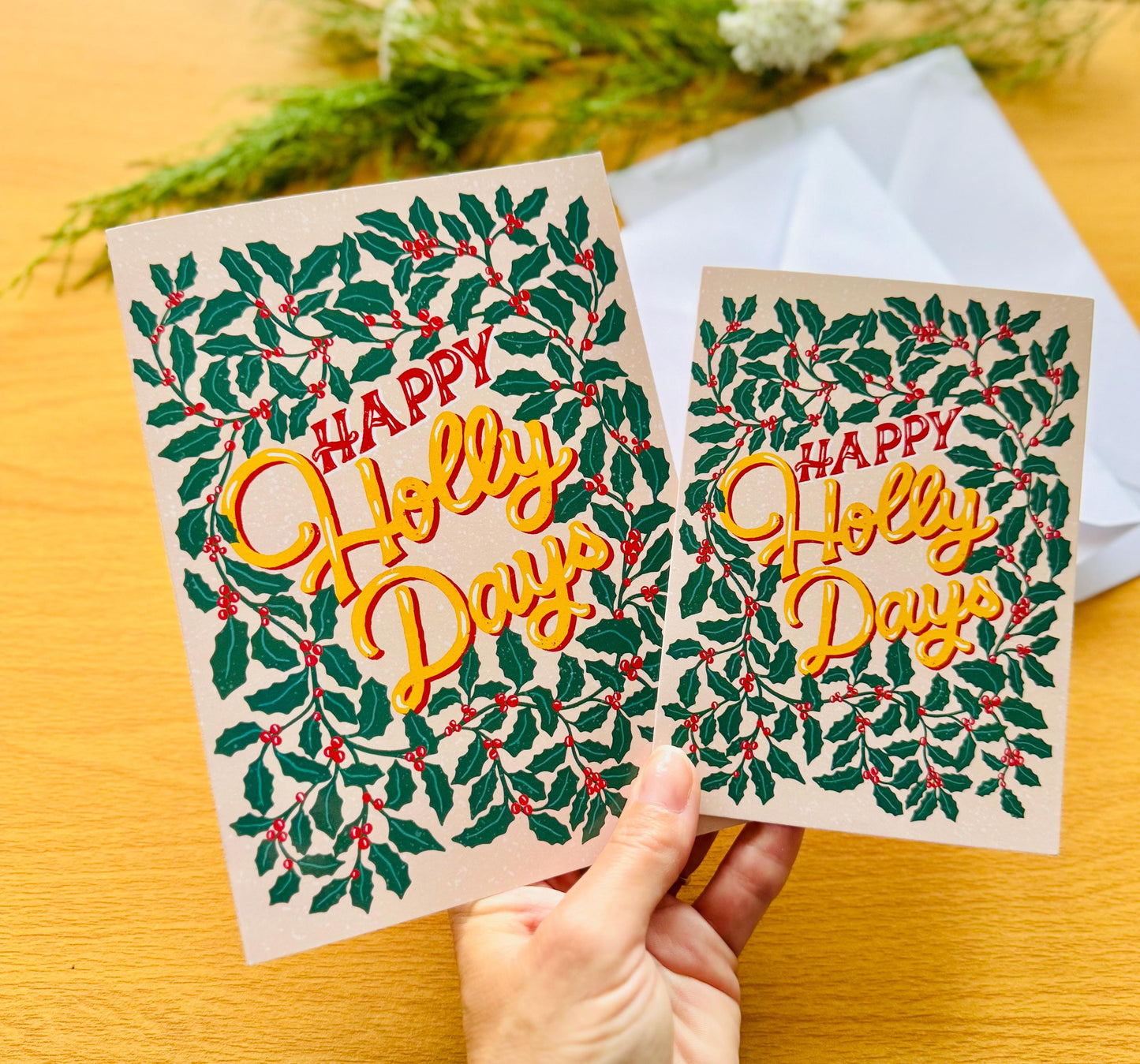 Happy Holly Days Christmas Card – Hand-Lettered Holly Leaves Festive Pun Xmas Gift