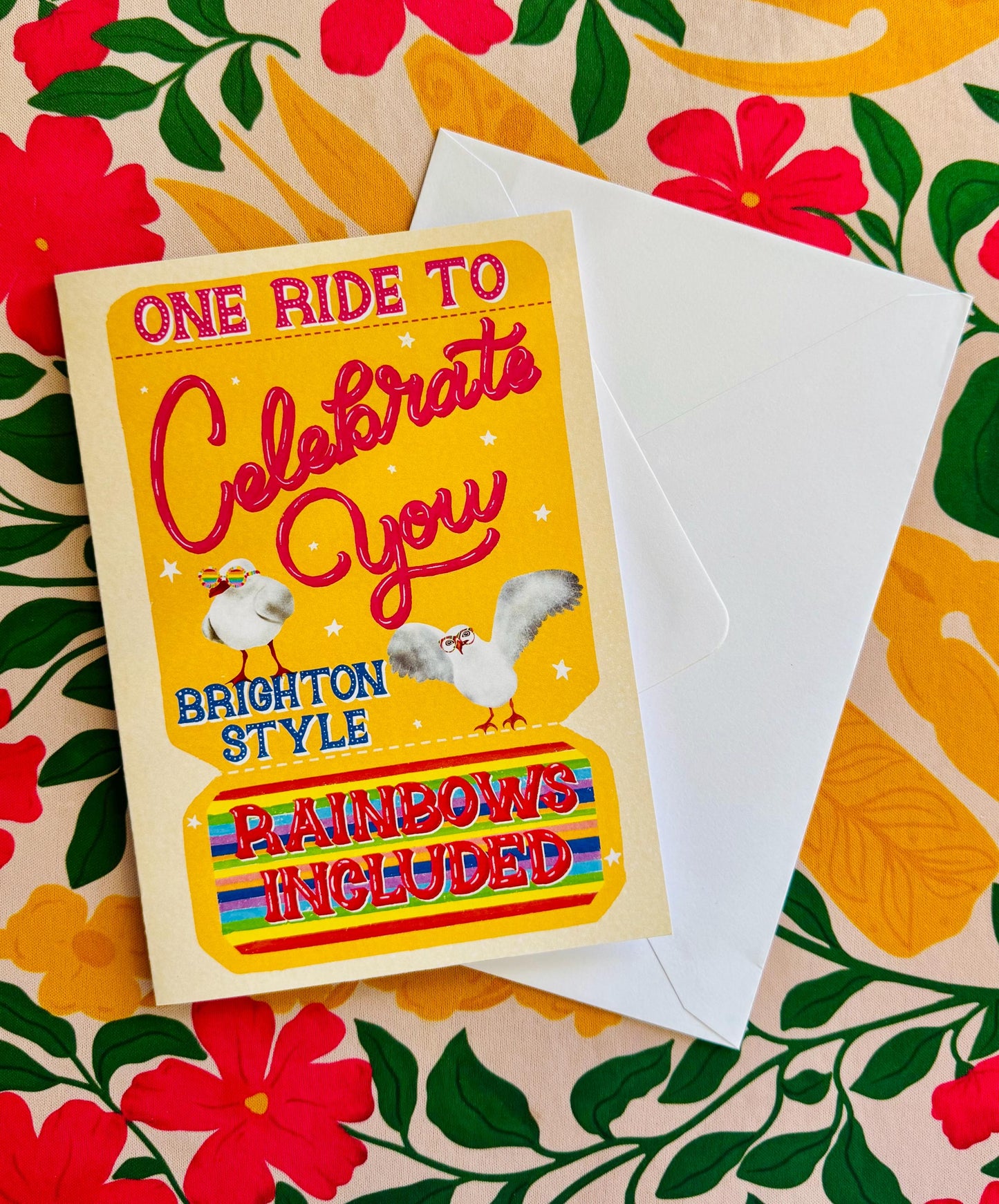 LGBT Rainbow Celebration Greeting Card – Vintage Ticket Style with Seagulls Fun Birthday Gift
