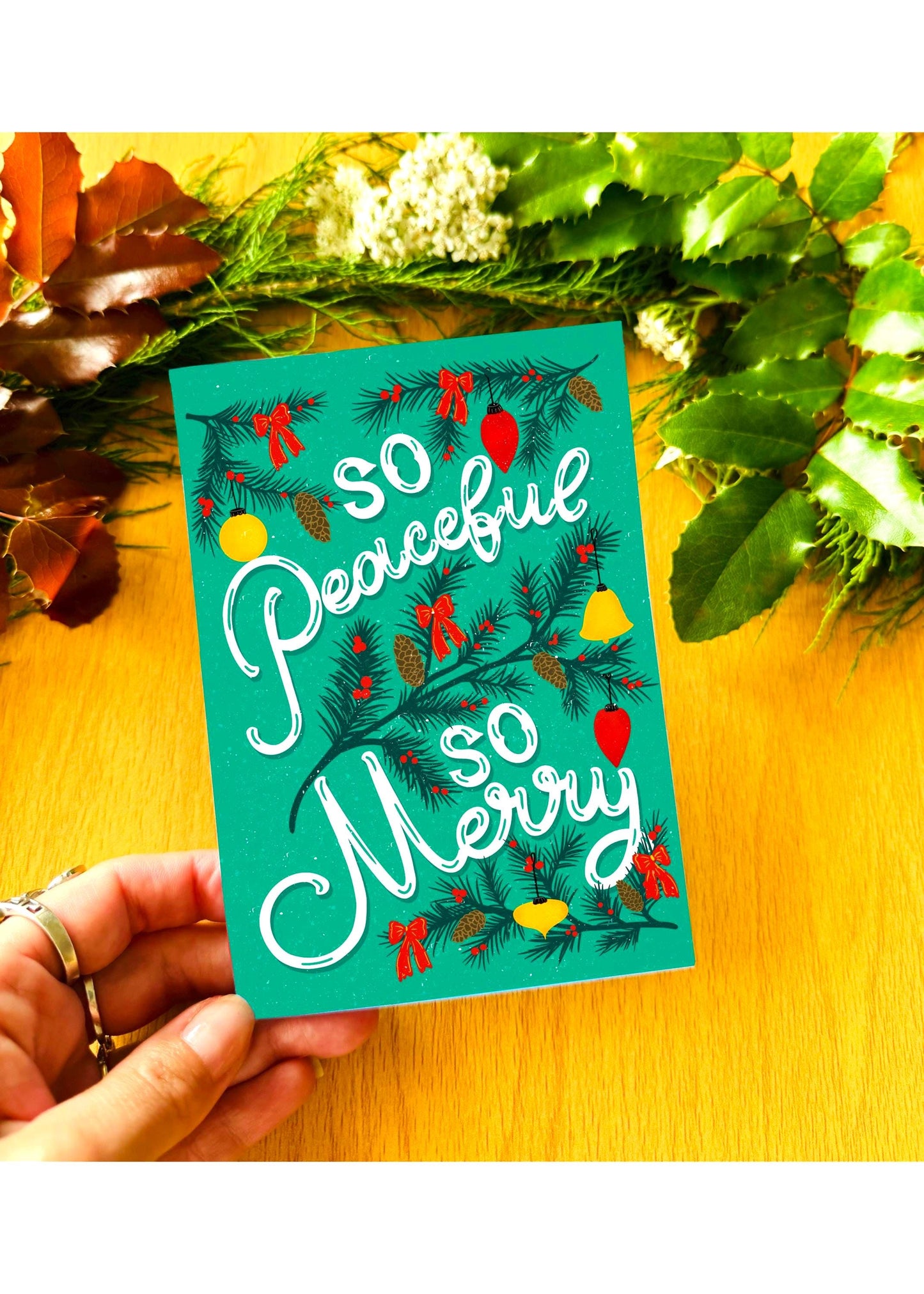 ‘So Peaceful So Merry’ Christmas Card – Festive Lights Illustration Cute Christmas Greeting Gift