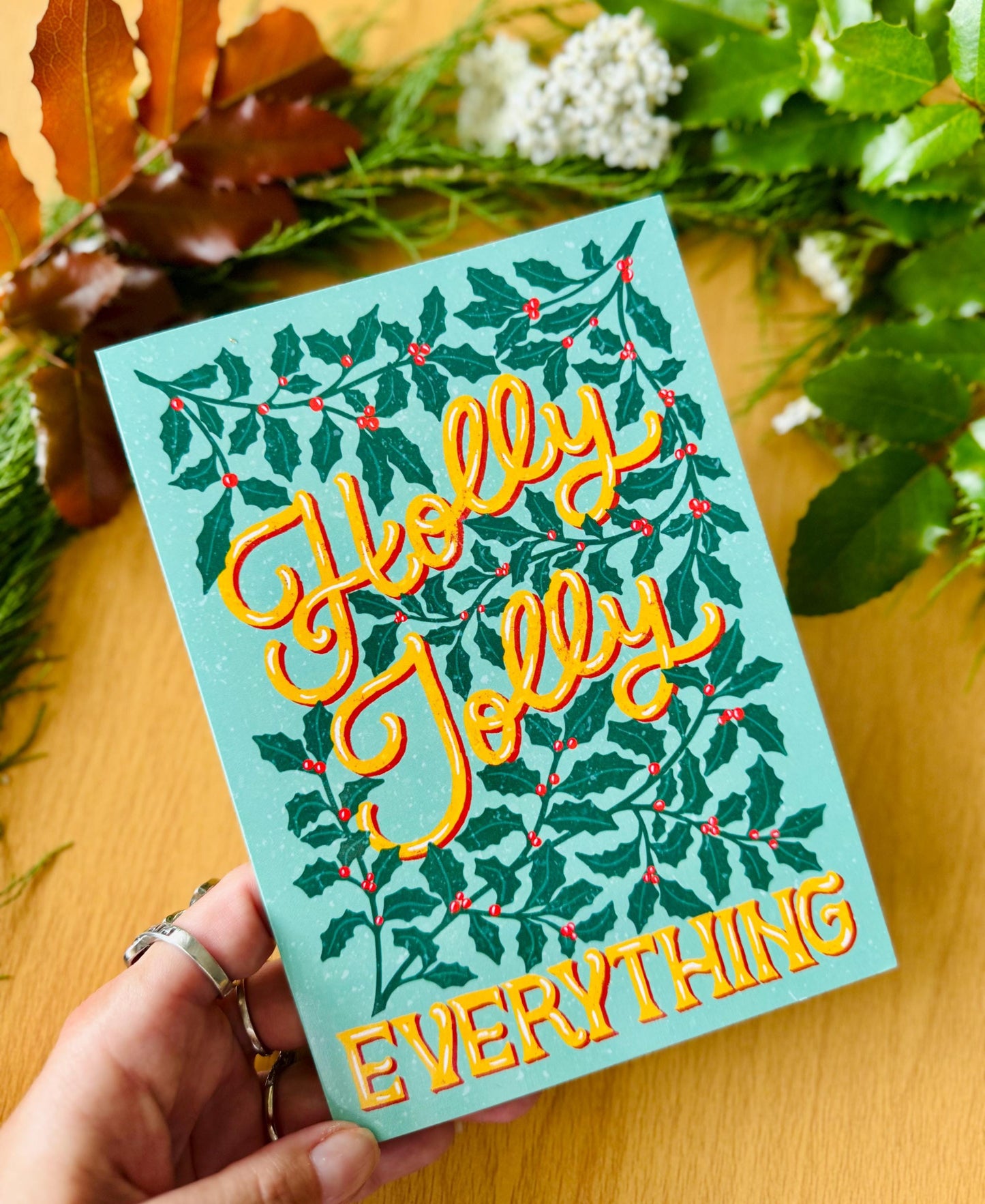 Holly Jolly Everything Christmas Card – Hand-Lettered Festive Holly Design, Blank Inside & Envelope