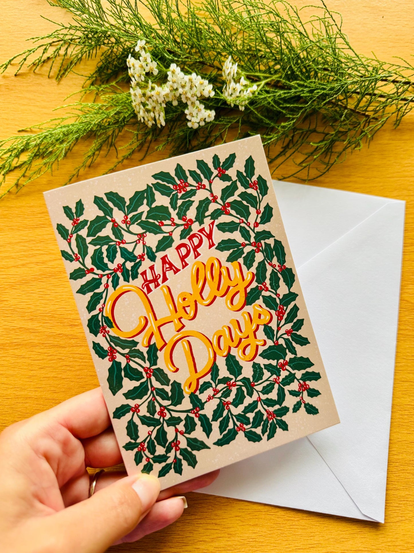 Happy Holly Days Christmas Card – Hand-Lettered Holly Leaves Festive Pun Xmas Gift