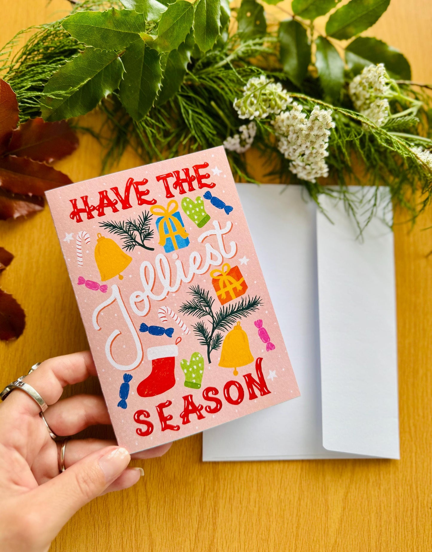 Jolliest Season Christmas Card – Hand-Lettered Festive Greeting (Mint or Blush)