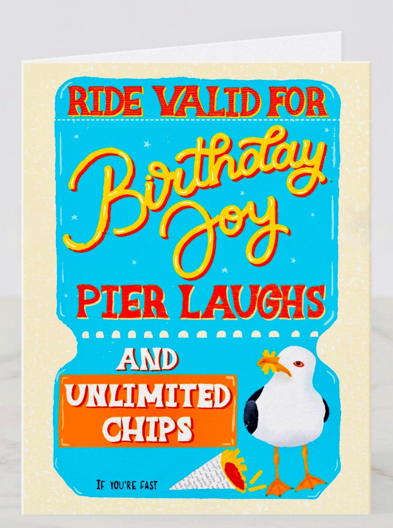 Handmade Vintage Ticket Birthday Card – Unique Greeting Gift Brighton Seagull & Chips Illustration