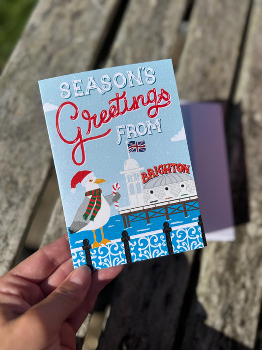 Seasons Greetings from Brighton Christmas Card – O Seaside Illustration, Blank Inside with Envelope