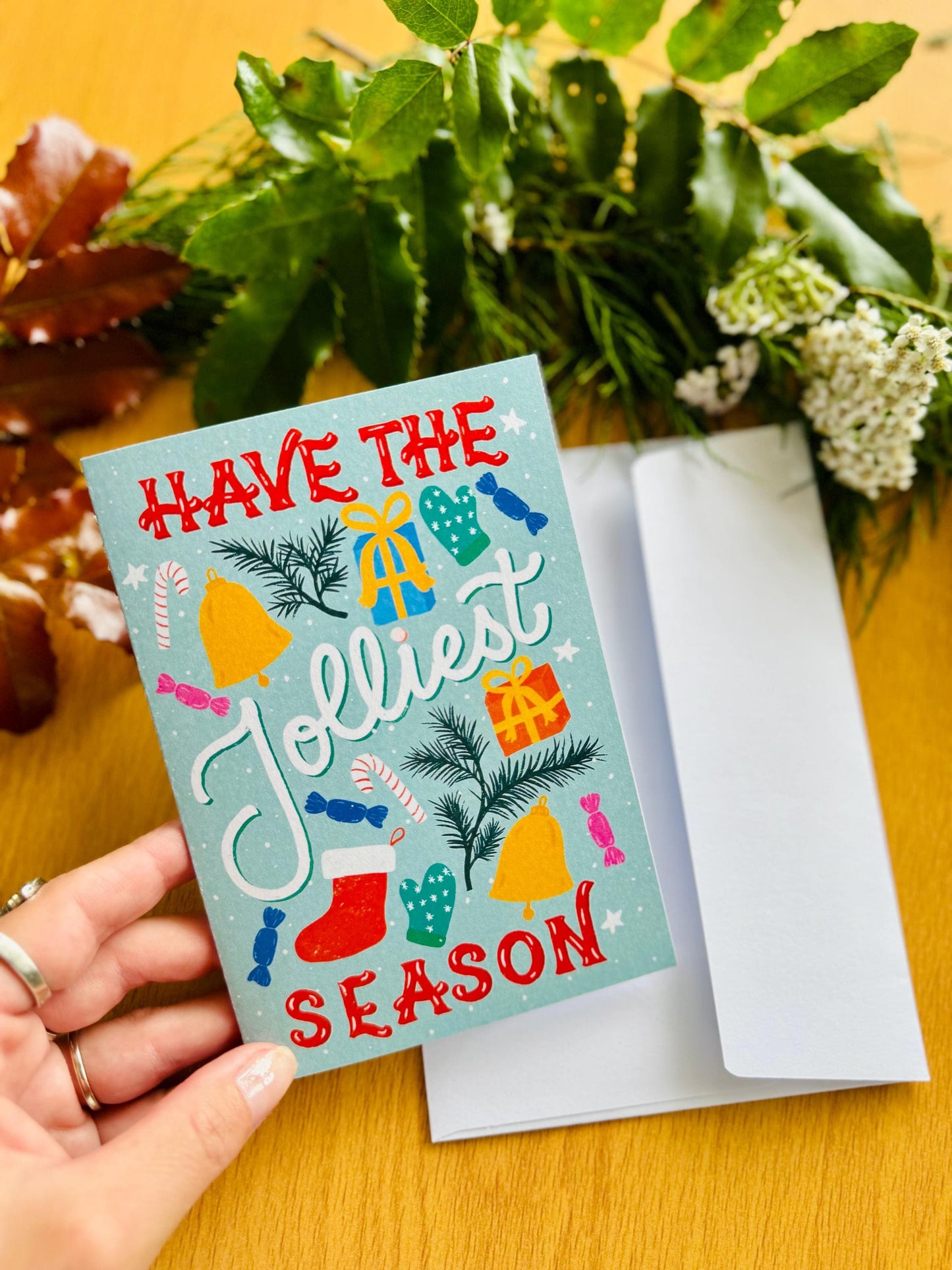 Jolliest Season Christmas Card – Hand-Lettered Festive Greeting (Mint or Blush)