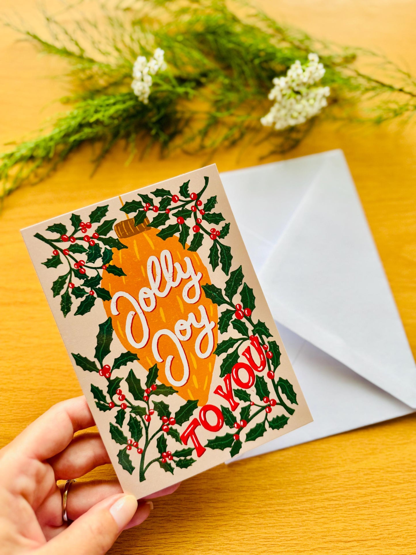 Jolly Joy To You Christmas Card – Ornament & Holly Design, Blank Inside with Envelope