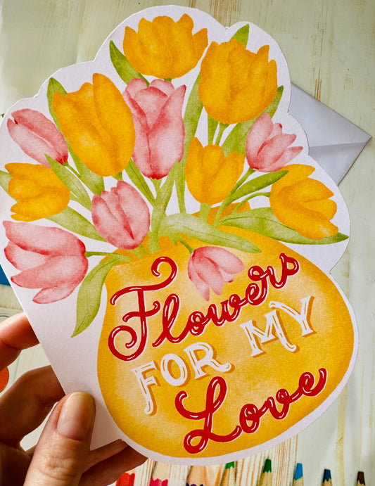 Unique Shaped Floral Greeting Card, Hand Illustrated , Anniversary Love Card
