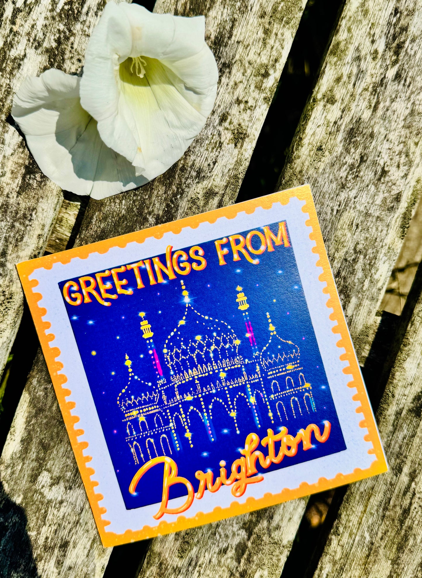 Greetings from Brighton Royal Pavilion | Vintage Stamp Style Square Brighton Card