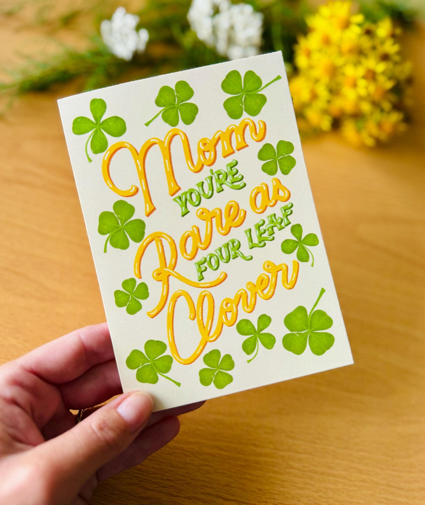 Mom You’re Rare as a Four Leaf Clover Greeting Card – Handmade Floral Illustration Perfect for Mother’s Day Mum Birthday