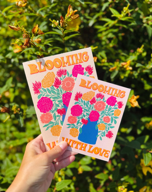 Handmade Blooming With Love Floral Card - Romantic Valentine Greeting Gift with Flowers Illustration for Wife & Husband