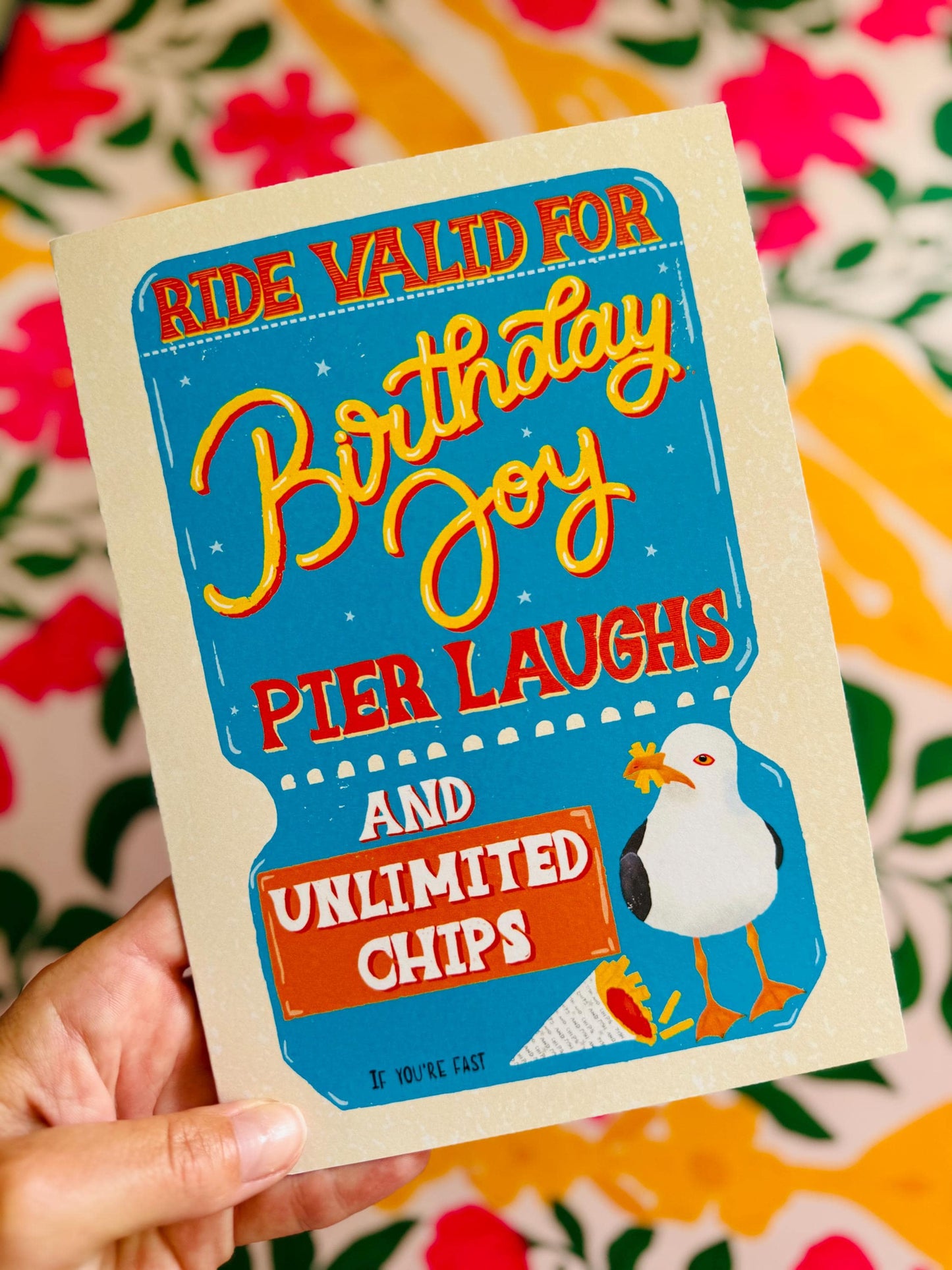 Handmade Vintage Ticket Birthday Card – Unique Greeting Gift Brighton Seagull & Chips Illustration