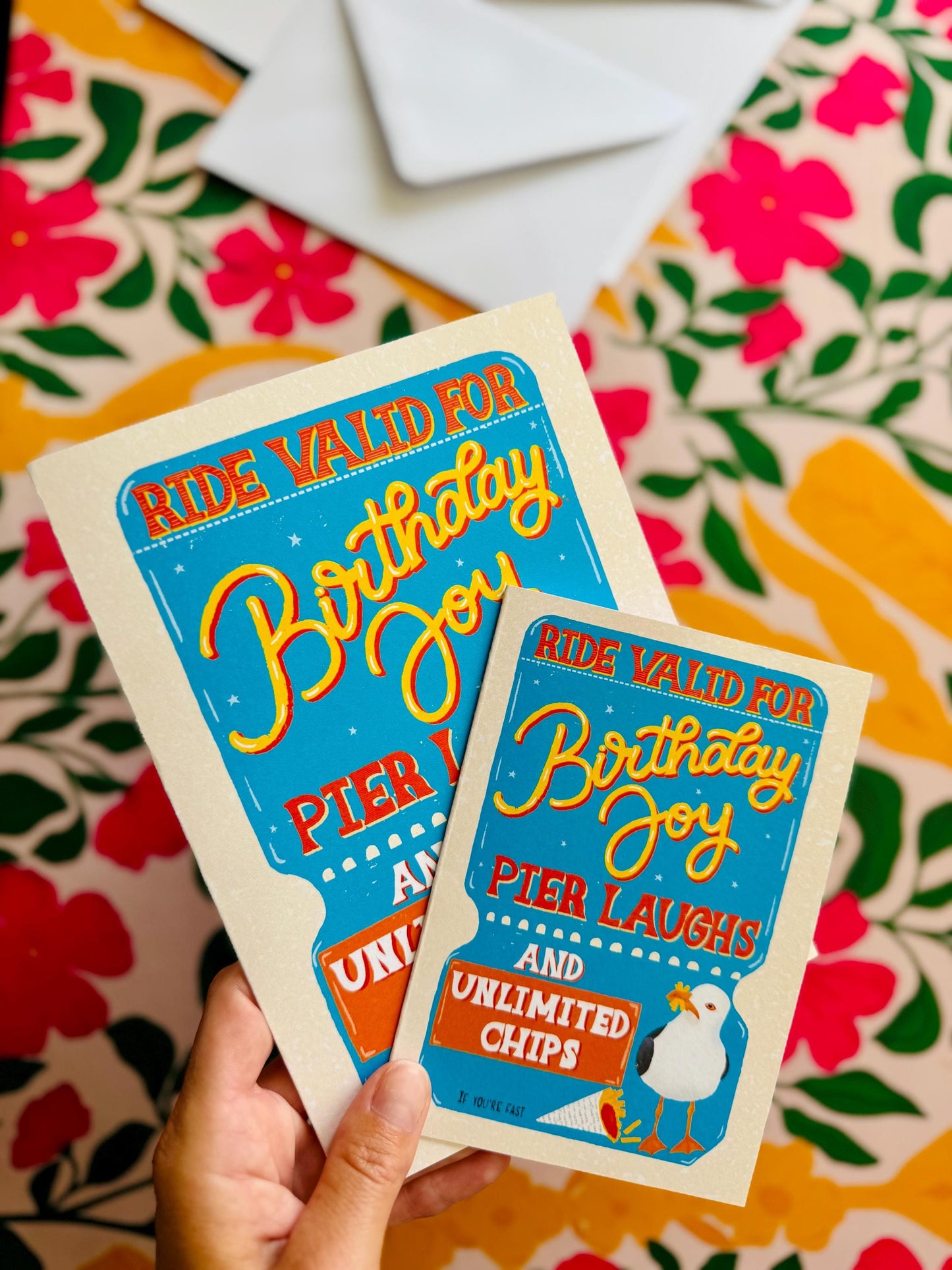 Handmade Vintage Ticket Birthday Card – Unique Greeting Gift Brighton Seagull & Chips Illustration