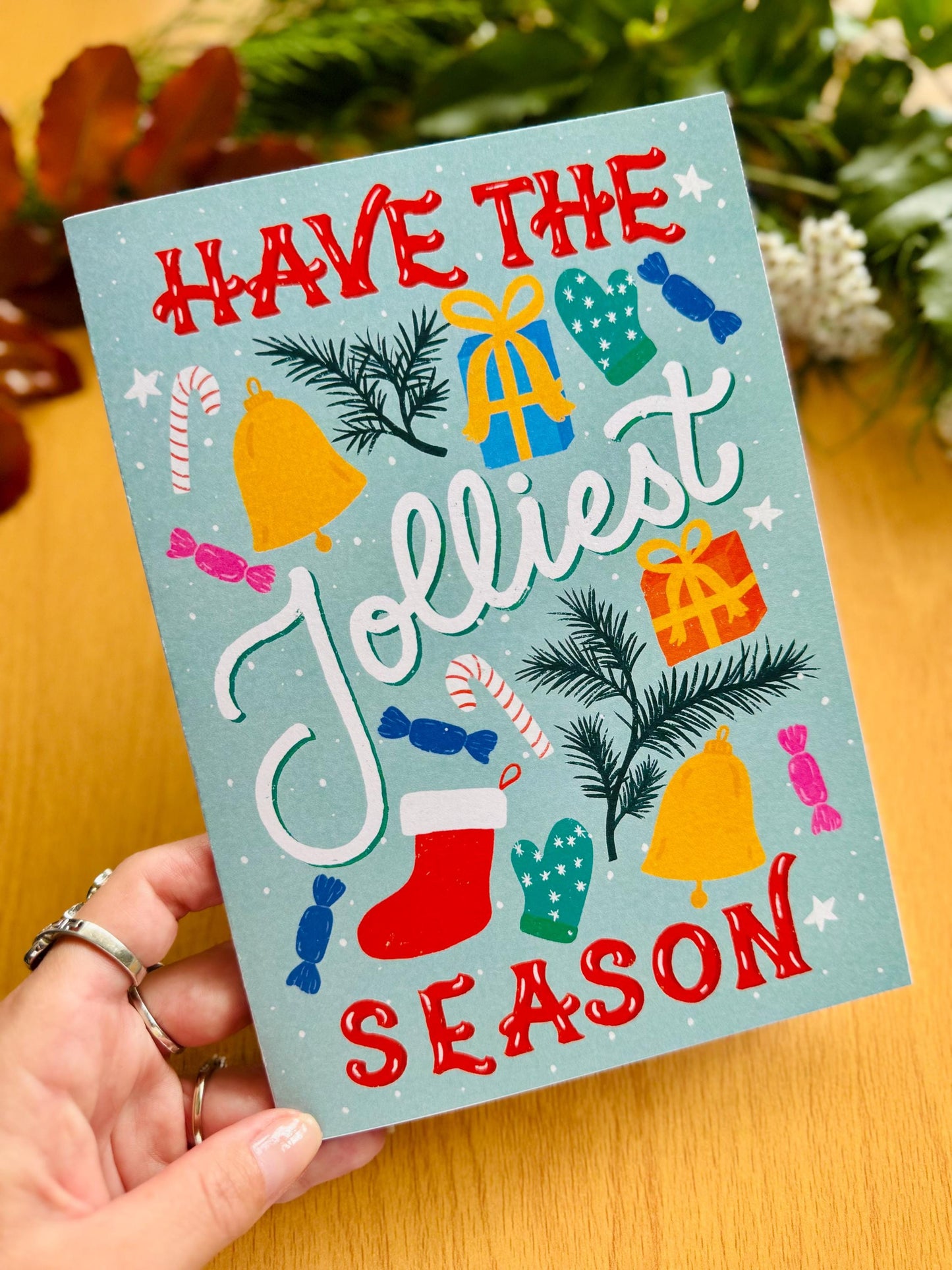 Jolliest Season Christmas Card – Hand-Lettered Festive Greeting (Mint or Blush)