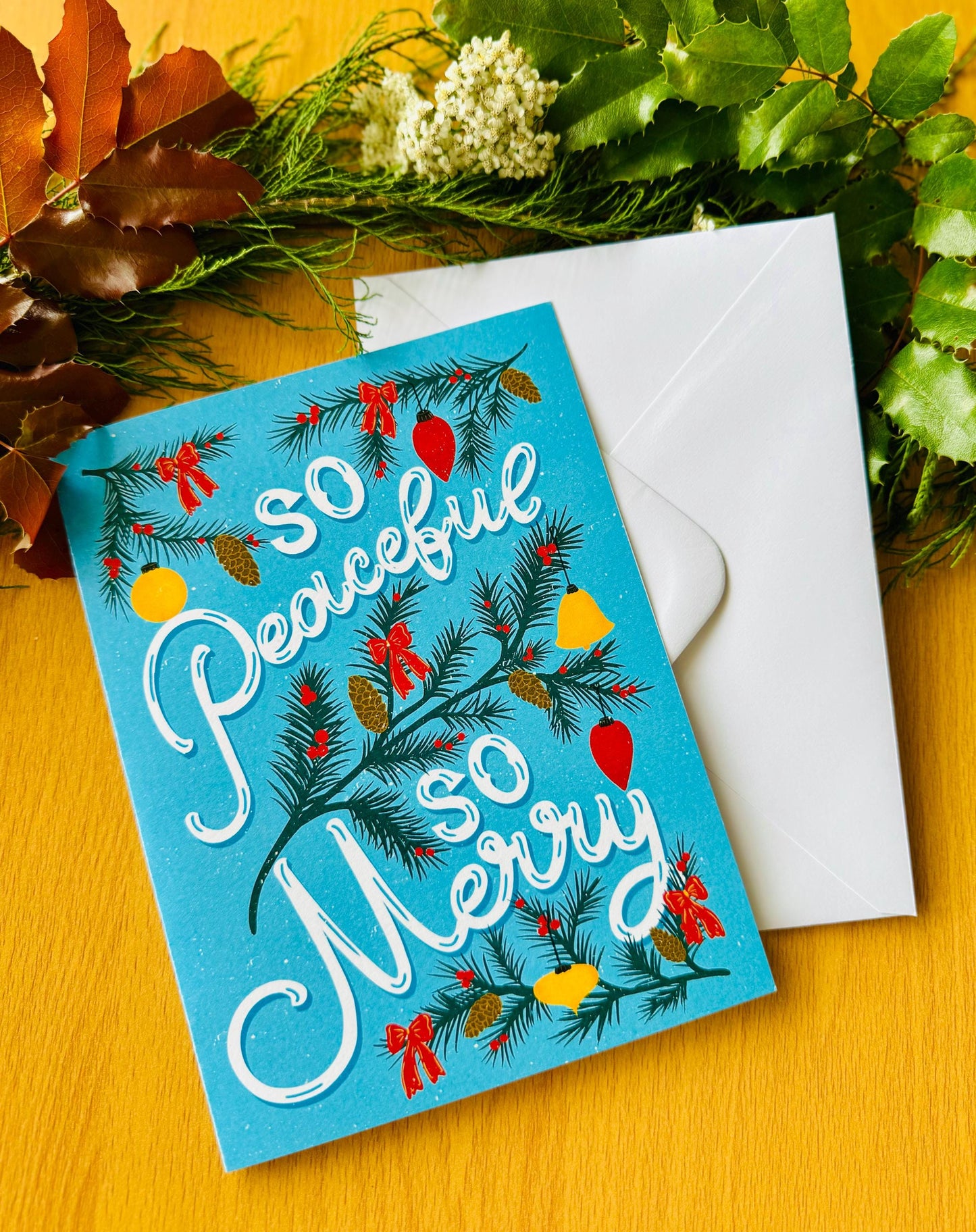 ‘So Peaceful So Merry’ Christmas Card – Festive Lights Illustration Cute Christmas Greeting Gift