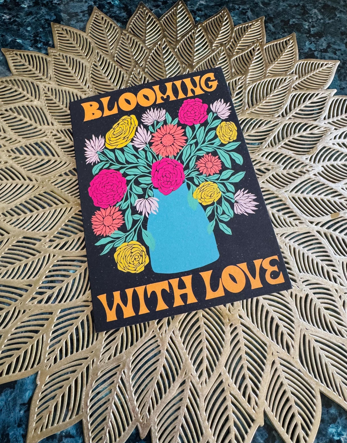 Handmade Blooming With Love Floral Card - Romantic Valentine Greeting Gift with Flowers Illustration for Wife & Husband