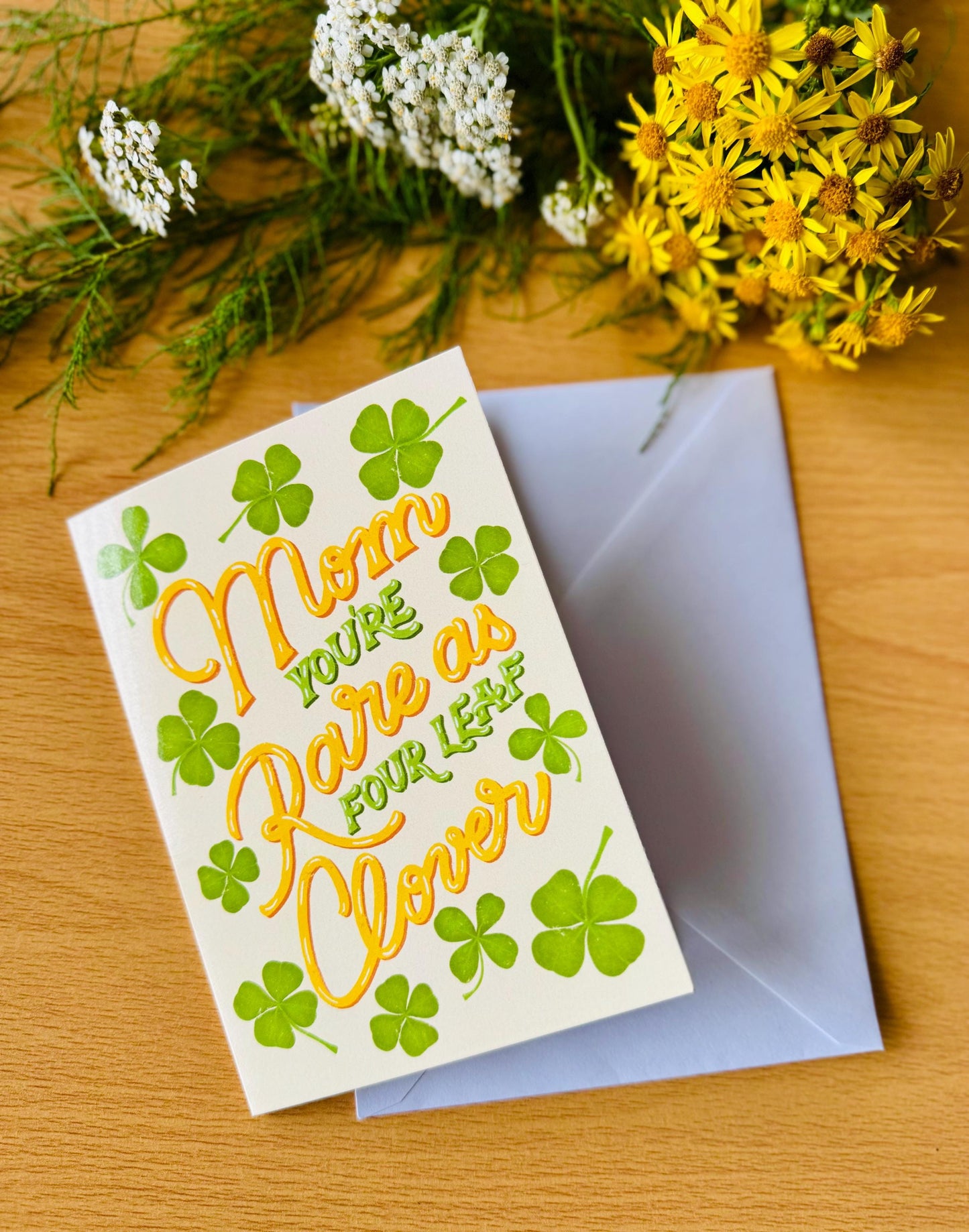 Mom You’re Rare as a Four Leaf Clover Greeting Card – Handmade Floral Illustration Perfect for Mother’s Day Mum Birthday