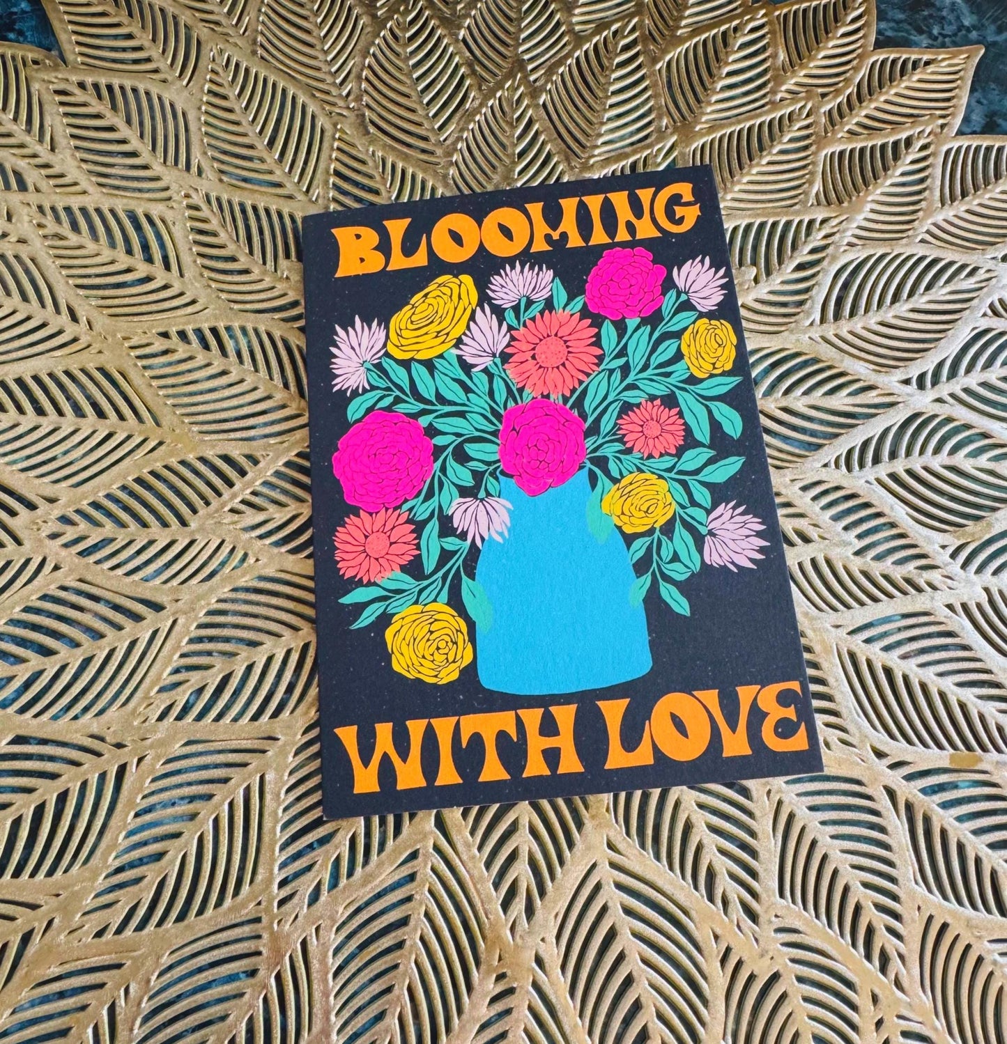 Handmade Blooming With Love Floral Card - Romantic Valentine Greeting Gift with Flowers Illustration for Wife & Husband