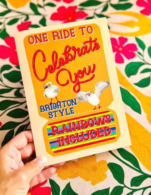 LGBT Rainbow Celebration Greeting Card – Vintage Ticket Style with Seagulls Fun Birthday Gift