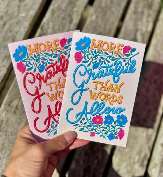 More Grateful Than Words Allow Card – Hand-Lettered Floral Illustration, Blank Inside with Envelope
