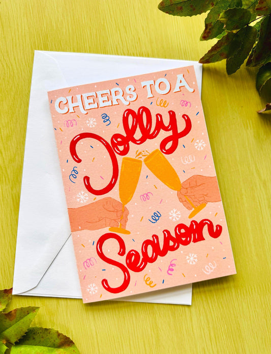 Handmade Jolly Christmas Card - "Cheers To A Jolly Season" Festive Champagne Glasses Celebration Xmas Holiday Greeting Gift