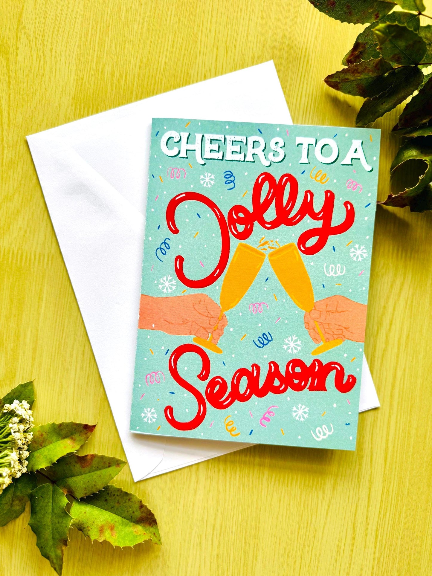 Handmade Jolly Christmas Card - "Cheers To A Jolly Season" Festive Champagne Glasses Celebration Xmas Holiday Greeting Gift