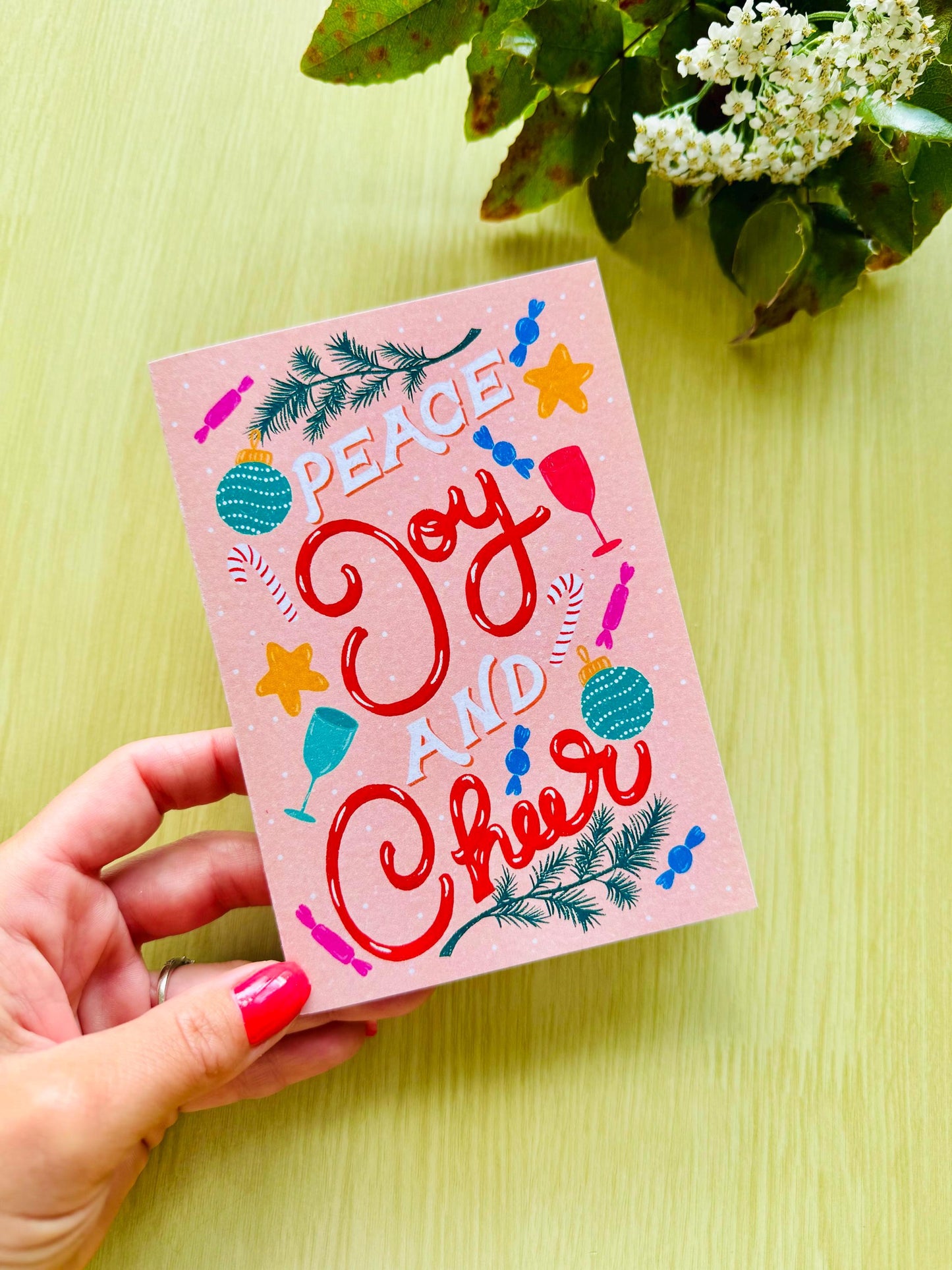 Personalised Merry Christmas Card - "Peace Joy & Cheer" Handmade Festive Ornaments Candy Canes Holiday Greeting Gift
