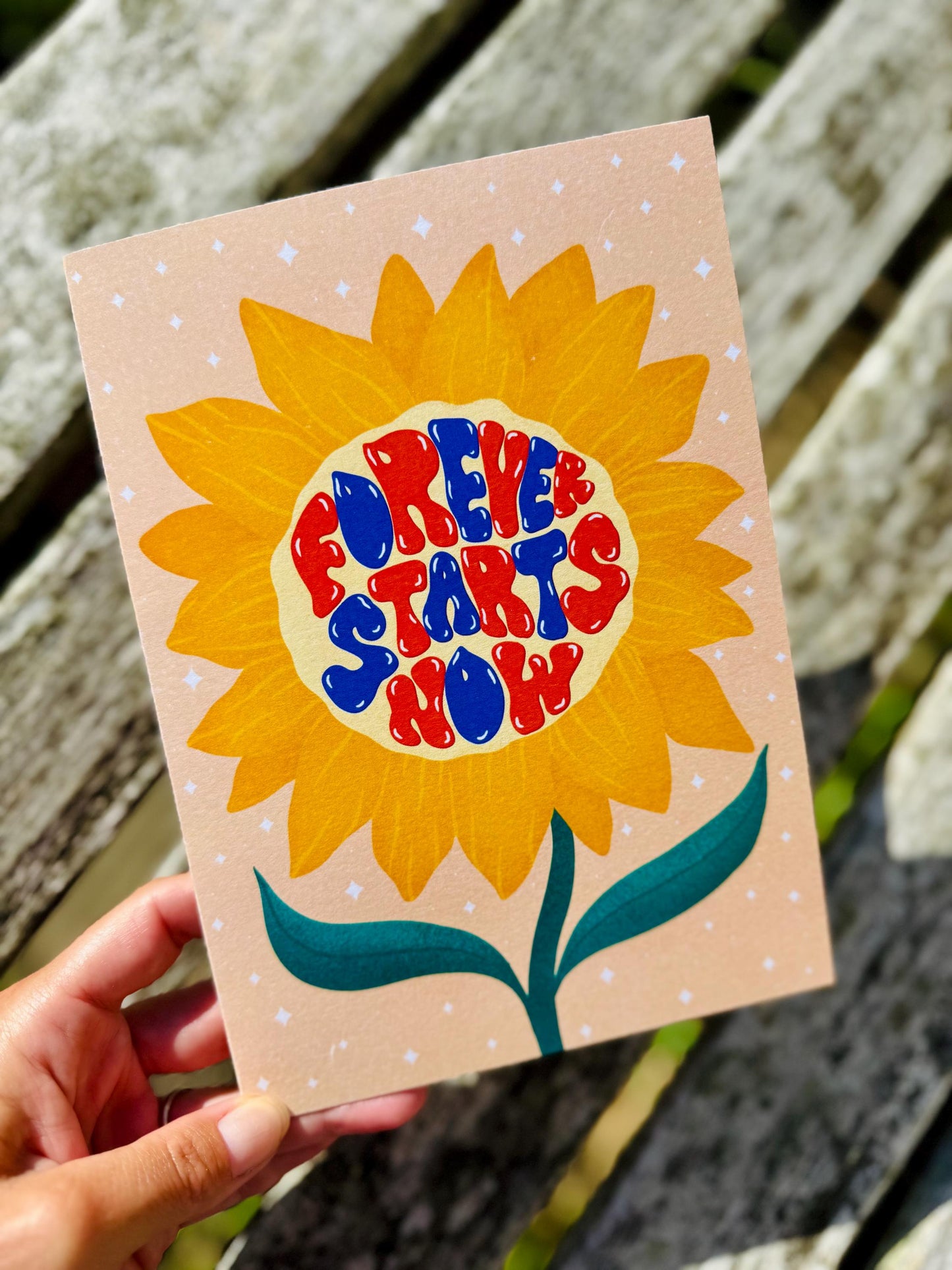 Forever Starts Now Wedding Card – Retro Sunflower Illustration, Blank Inside with Envelope