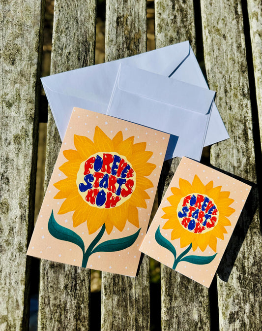 Forever Starts Now Wedding Card – Retro Sunflower Illustration, Blank Inside with Envelope