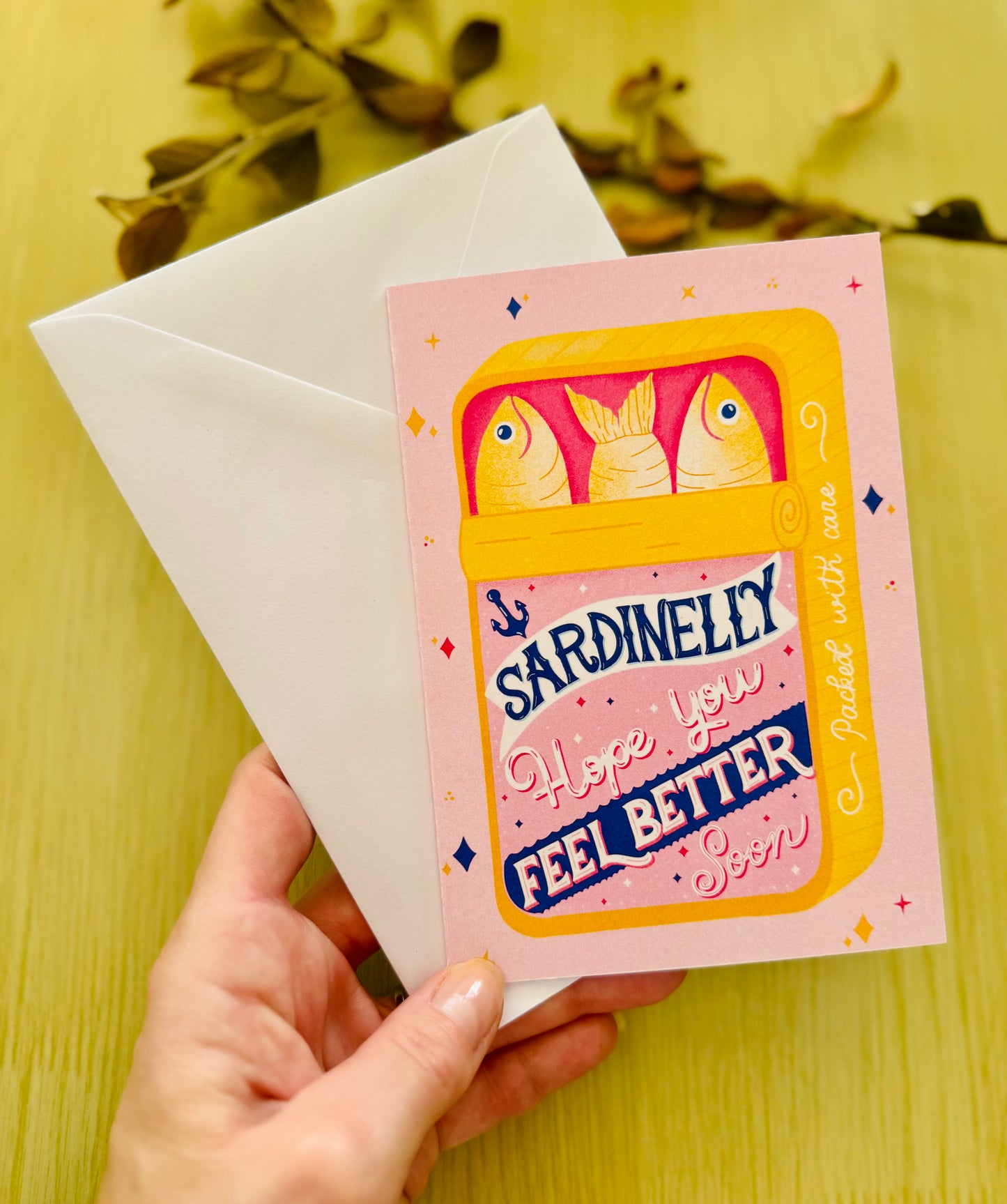 Get Well Soon Card – Sardine Tin Shape or Standard Card | “Sardinelly Hope You Feel Better Soon” | Pink & Yellow Cute Card